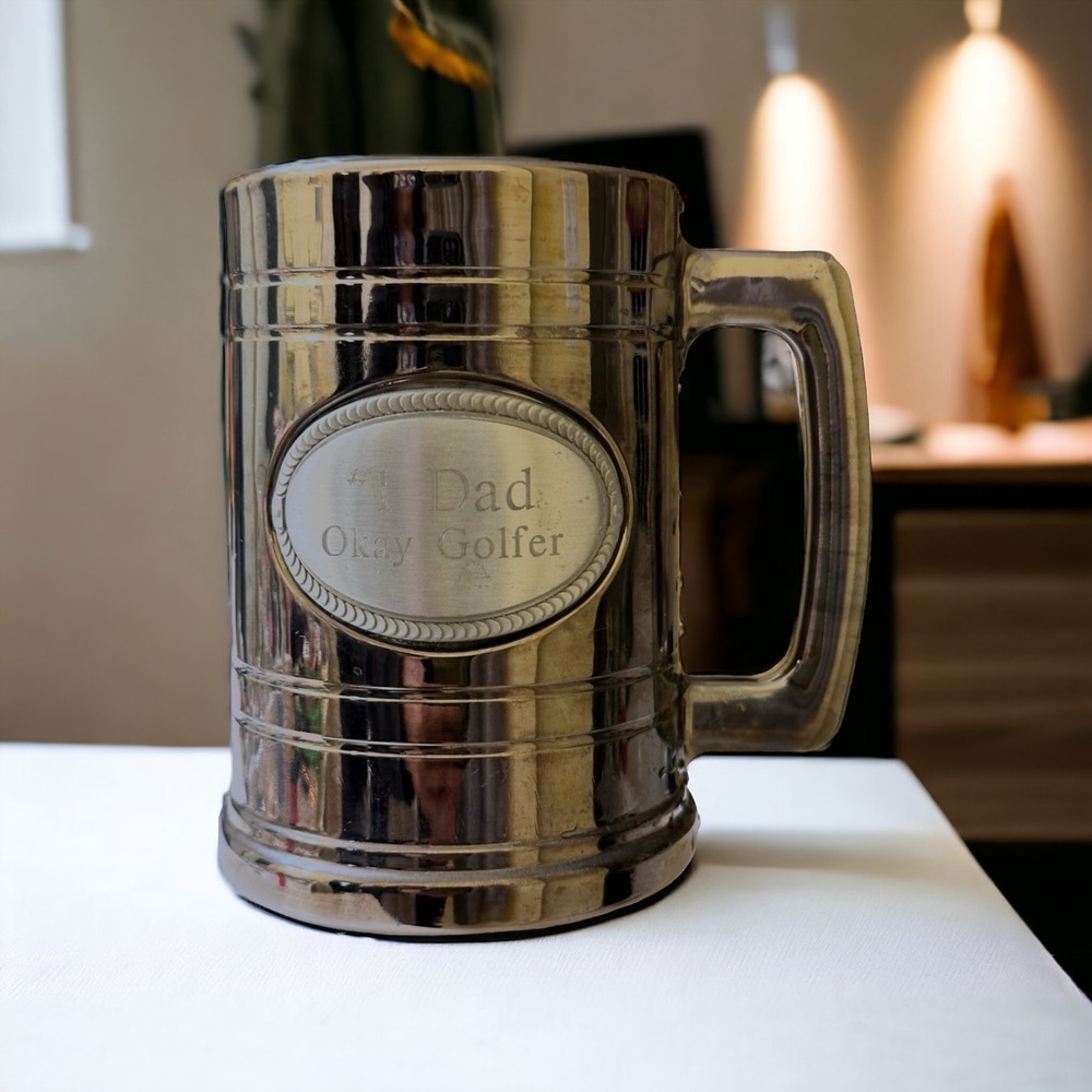 “#1 DAD - OKAY GOLFER” Silver Coated Glass Beer Stein Mug